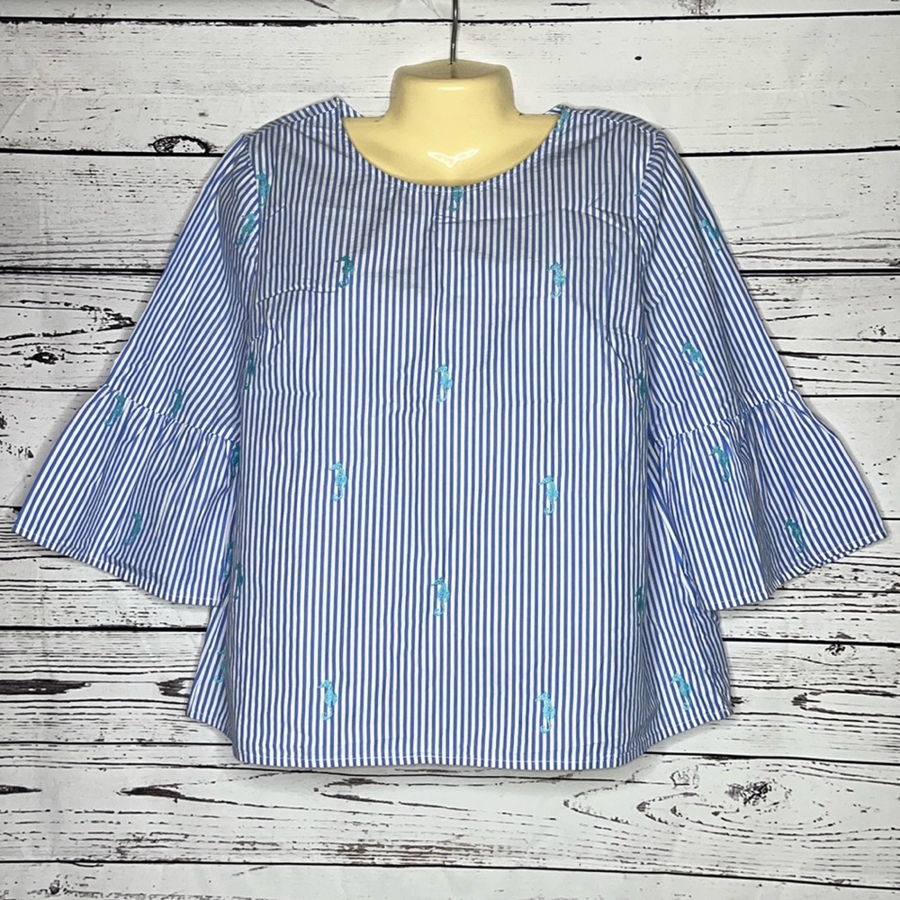 Crown & Ivy Petite Sz PL Blue & White Stripe - Seahorse Embroidered Keyhole Top